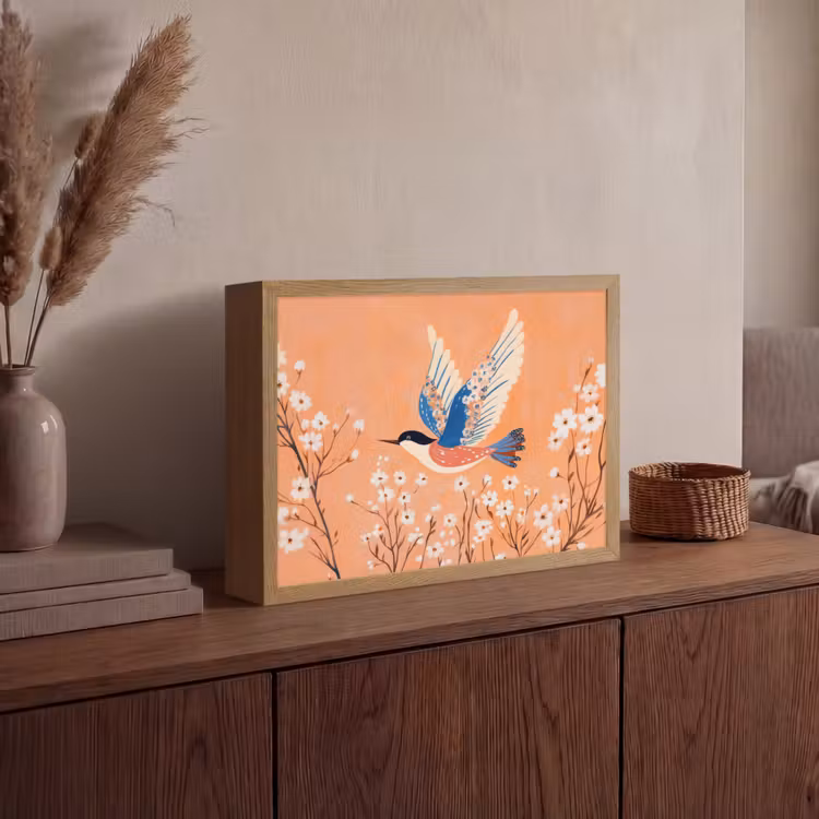 Vogel - Bloesemtakken - Warm - Kleurrijk Light Box met batterij (Wandlamp) middel -sfeer2
