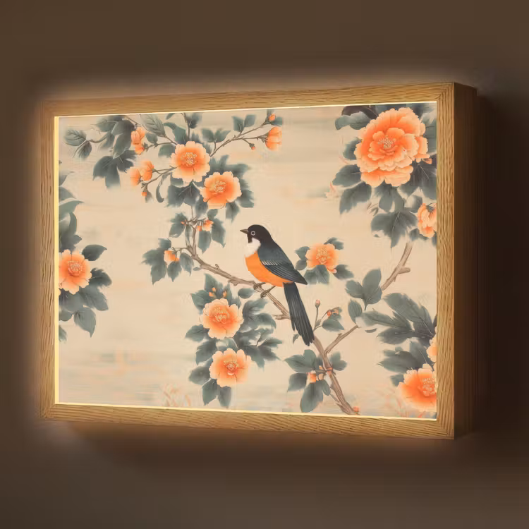 Vogel - Tak - Bloemen - Oranje Light Box met batterij (Wandlamp) middel -z3d_website
