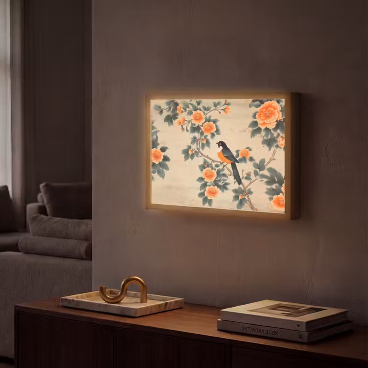 Vogel - Tak - Bloemen - Oranje Light Box met batterij (Wandlamp) middel -sfeer1