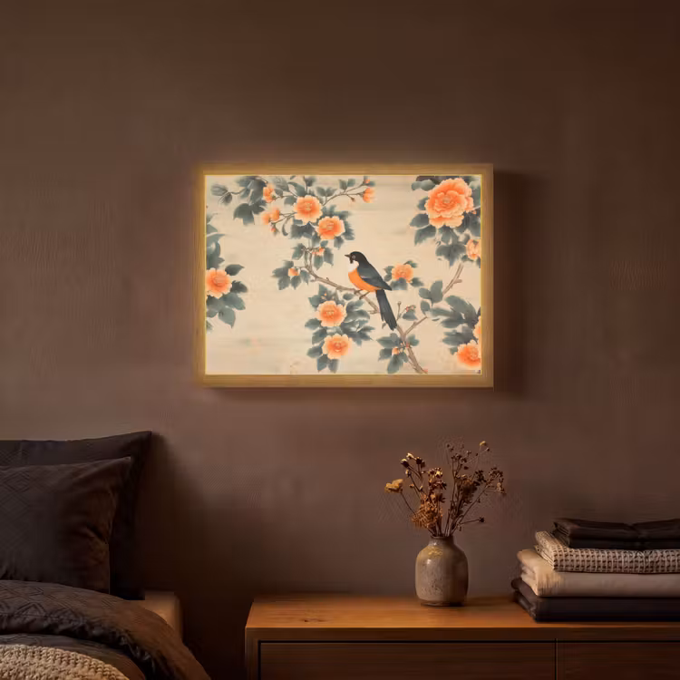 Vogel - Tak - Bloemen - Oranje Light Box met batterij (Wandlamp) middel -sfeer4