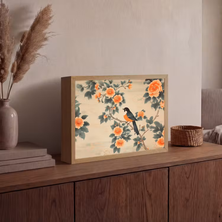 Vogel - Tak - Bloemen - Oranje Light Box met batterij (Wandlamp) middel -sfeer2
