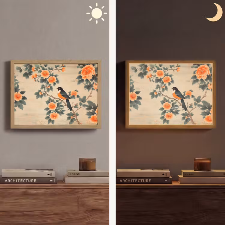 Vogel - Tak - Bloemen - Oranje Light Box met batterij (Wandlamp) middel -sfeer3