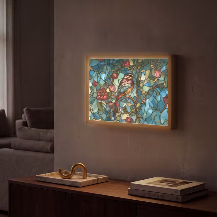 Vogel - Tak - Rozen - Mozaïek Light Box met batterij (Wandlamp) middel -sfeer1