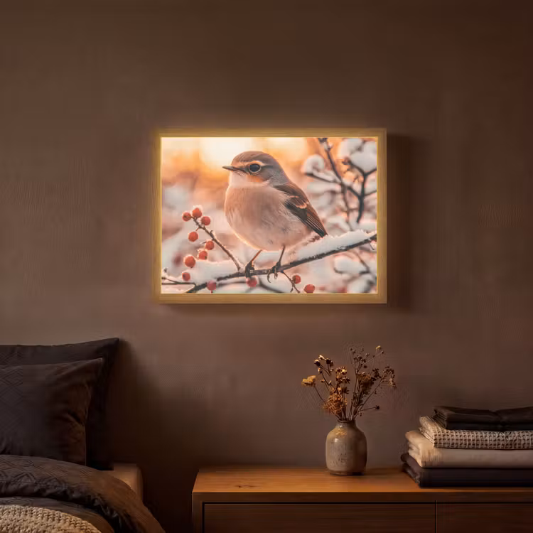 Vogel - Tak - Winter - Dieren - Sneeuw Light Box met batterij (Wandlamp) middel -sfeer4