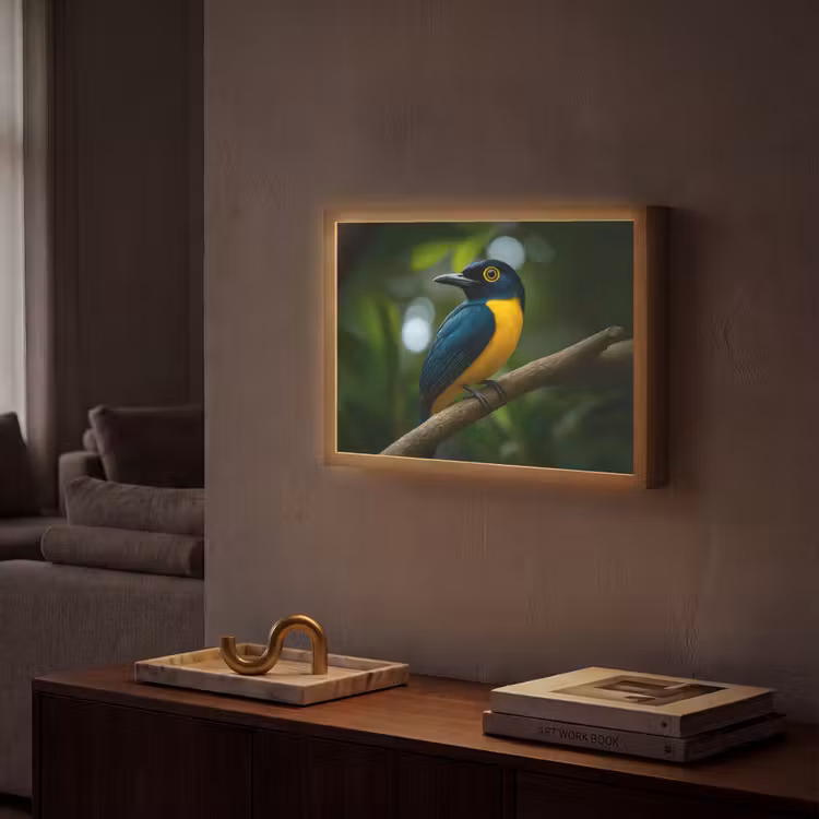 Vogel - Tak - Geel - Bladeren Light Box met batterij (Wandlamp) middel -sfeer1