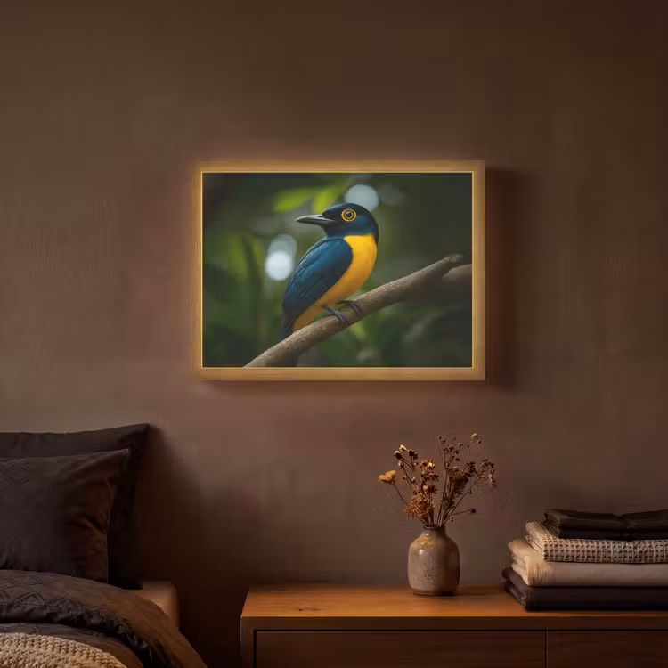 Vogel - Tak - Geel - Bladeren Light Box met batterij (Wandlamp) middel -sfeer4