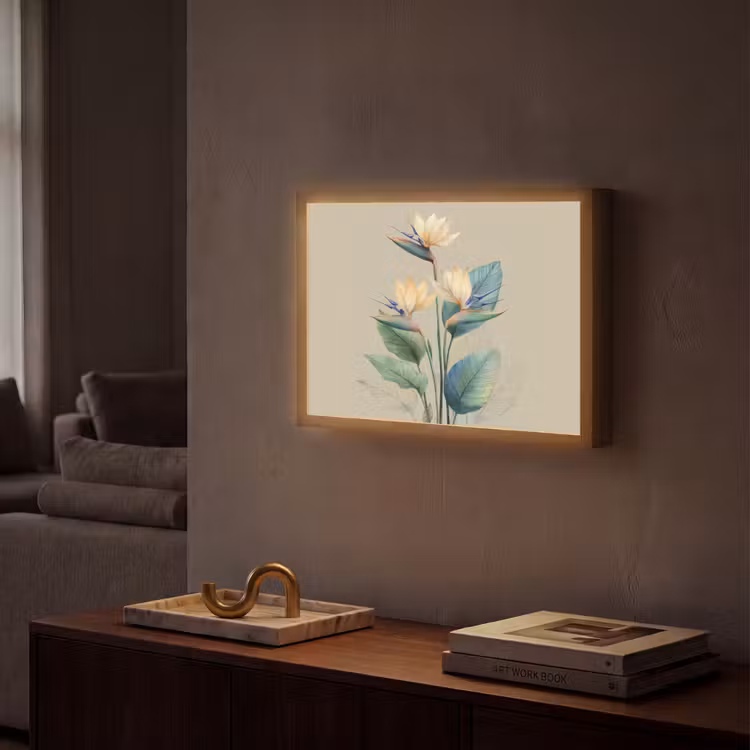 Paradijsvogelbloemen - Blauwgroene bladeren - Beige Light Box met batterij (Wandlamp) middel -sfeer1