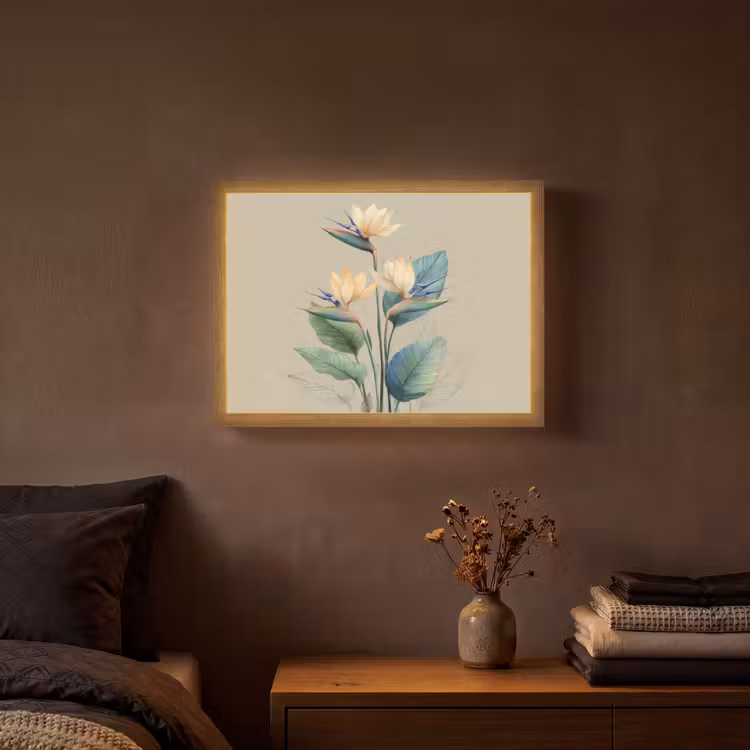 Paradijsvogelbloemen - Blauwgroene bladeren - Beige Light Box met batterij (Wandlamp) middel -sfeer4