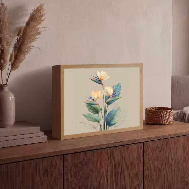 Paradijsvogelbloemen - Blauwgroene bladeren - Beige Light Box met batterij (Wandlamp) middel -sfeer2