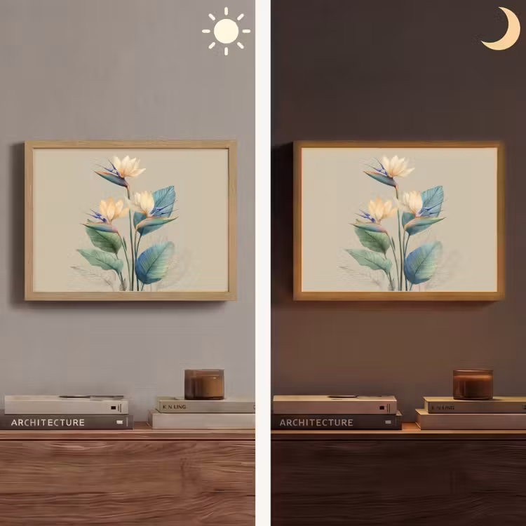 Paradijsvogelbloemen - Blauwgroene bladeren - Beige Light Box met batterij (Wandlamp) middel -sfeer3