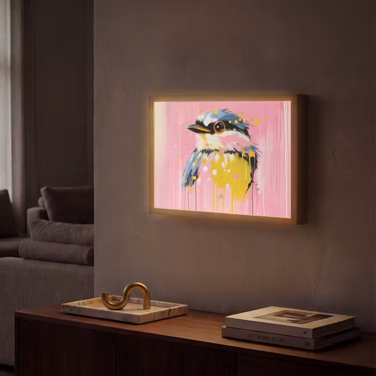 Vogel - Roze - Geel - Blauw Light Box met batterij (Wandlamp) middel -sfeer1