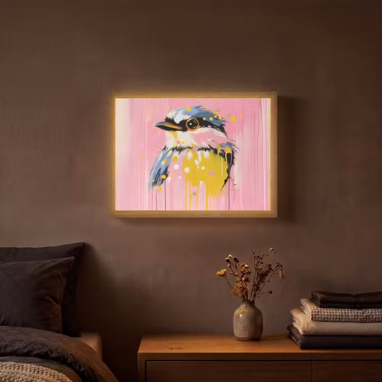 Vogel - Roze - Geel - Blauw Light Box met batterij (Wandlamp) middel -sfeer4