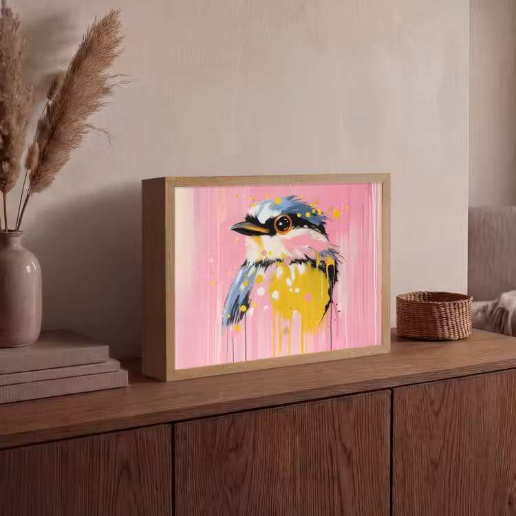 Vogel - Roze - Geel - Blauw Light Box met batterij (Wandlamp) middel -sfeer2