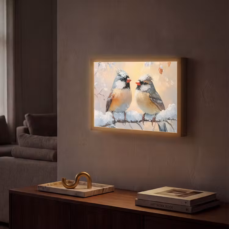 Vogels - Tak - Winter - Sneeuw Light Box met batterij (Wandlamp) middel -sfeer1