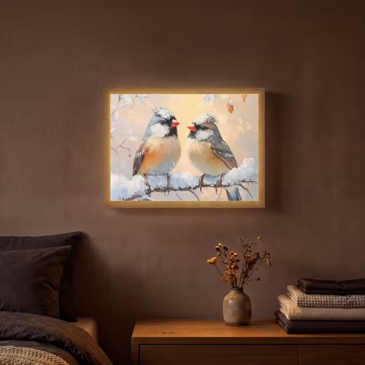 Vogels - Tak - Winter - Sneeuw Light Box met batterij (Wandlamp) middel -sfeer4