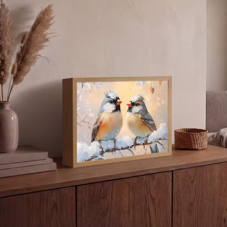 Vogels - Tak - Winter - Sneeuw Light Box met batterij (Wandlamp) middel -sfeer2