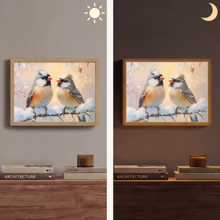 Vogels - Tak - Winter - Sneeuw Light Box met batterij (Wandlamp) middel -sfeer3