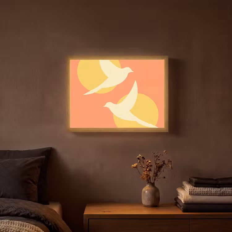 Vogels - Cirkels - Geel Light Box met batterij (Wandlamp) middel -sfeer4