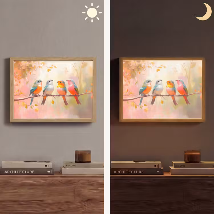 Vogels - Kleurrijk - Tak Light Box met batterij (Wandlamp) middel -sfeer3