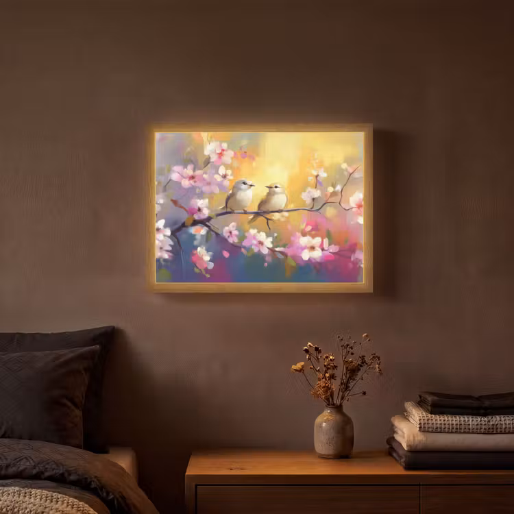 Vogels - Bloemen - Roze Light Box met batterij (Wandlamp) middel -sfeer4