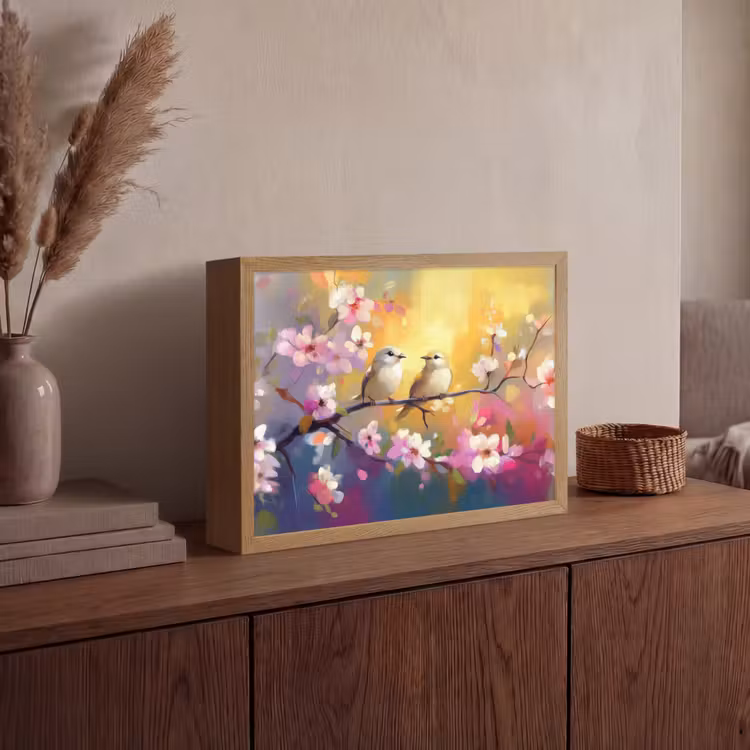 Vogels - Bloemen - Roze Light Box met batterij (Wandlamp) middel -sfeer2