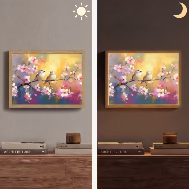 Vogels - Bloemen - Roze Light Box met batterij (Wandlamp) middel -sfeer3