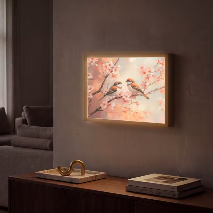 Vogels - Romantic - Bloesemtak Light Box met batterij (Wandlamp) middel -sfeer1