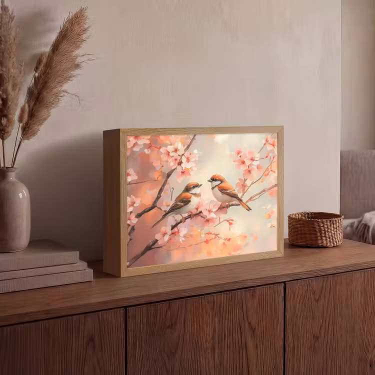 Vogels - Romantic - Bloesemtak Light Box met batterij (Wandlamp) middel -sfeer2