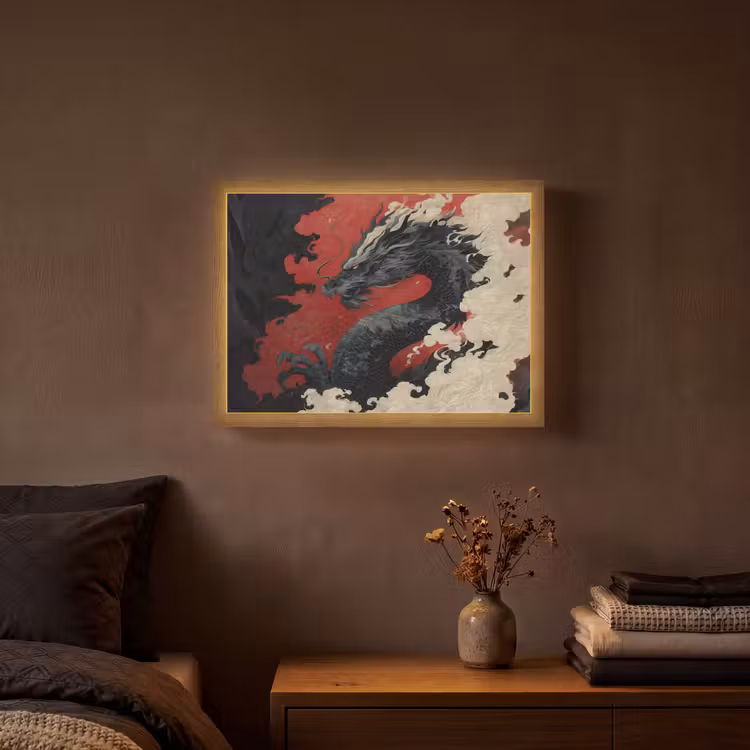 Zwarte draak - Rookwolken - Rood Light Box met batterij (Wandlamp) middel -sfeer4