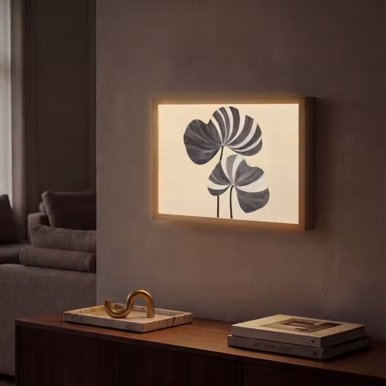 Zwart - Bladeren - Strepen - Minimalistisch Light Box met batterij (Wandlamp) middel -sfeer1