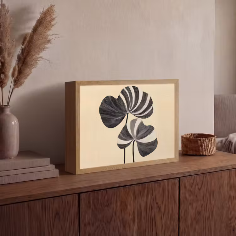 Zwart - Bladeren - Strepen - Minimalistisch Light Box met batterij (Wandlamp) middel -sfeer2