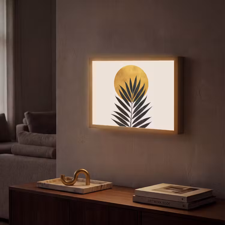 Zwart palmblad - Gouden cirkel - Beige achtergrond Light Box met batterij (Wandlamp) middel -sfeer1