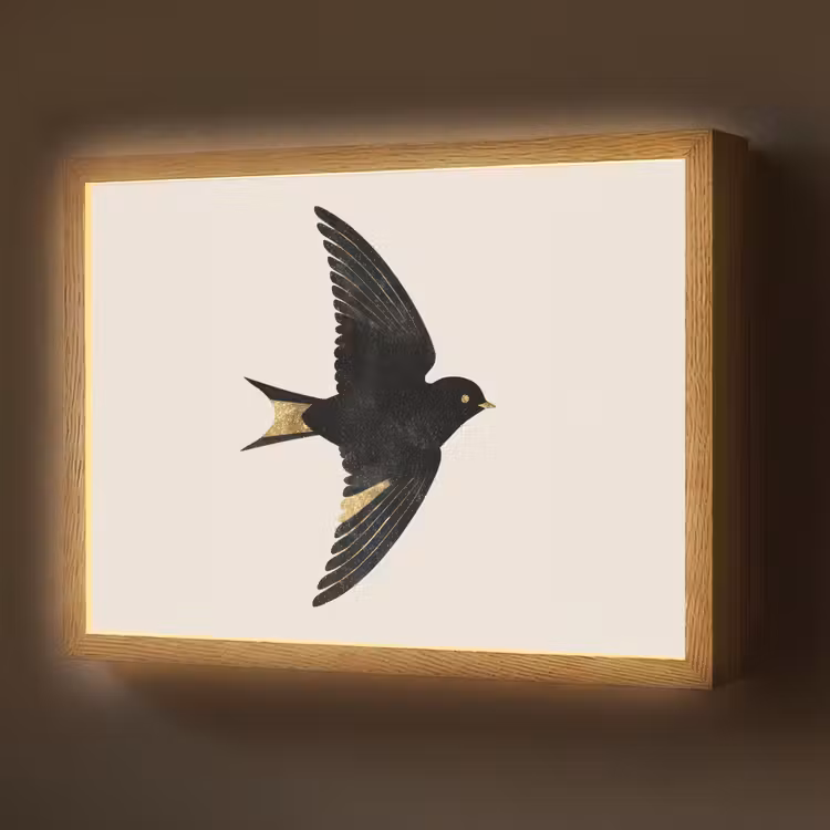 Zwarte zwaluw - Gouden accenten - Lichte achtergrond Light Box met batterij (Wandlamp) middel -z3d_website