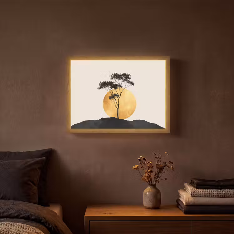Zwarte boom - Gouden cirkel - Heuvel Light Box met batterij (Wandlamp) middel -sfeer4