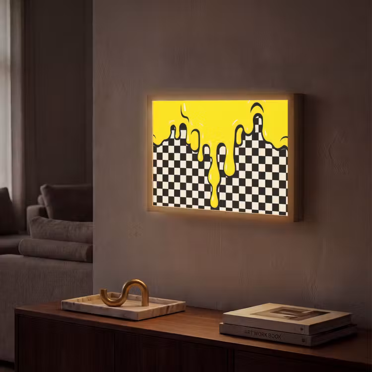 Geblokt - Grafisch - Vloeistof - Geel Light Box met batterij (Wandlamp) middel -sfeer1