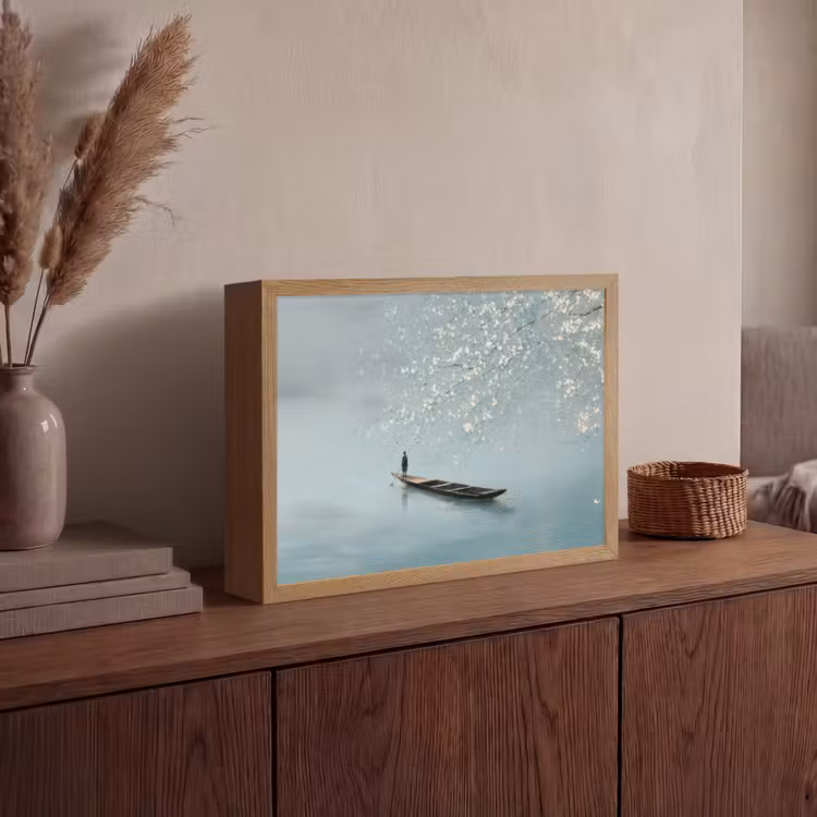 Bloesems - Minimalistisch - Wateroppervlak - Boot Light Box met batterij (Wandlamp) middel -sfeer2