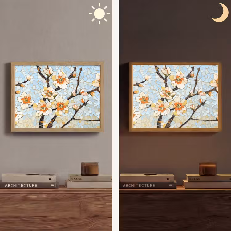 Bloesems - Wit - Mozaïek - Tak Light Box met batterij (Wandlamp) middel -sfeer3