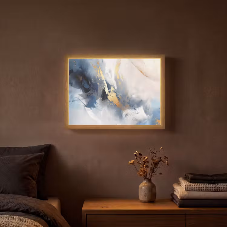 Blauw - Modern - Marmer - Abstract - Goud Light Box met batterij (Wandlamp) middel -sfeer4