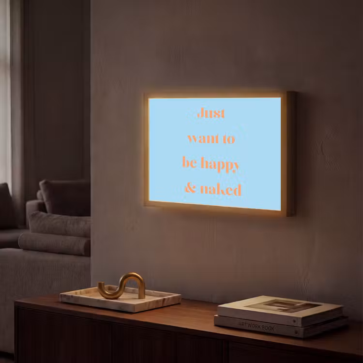 Blauw - Oranje - Just want to be happy & naked Light Box met batterij (Wandlamp) middel -sfeer1