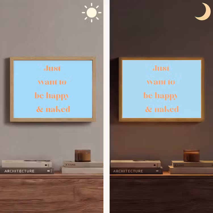 Blauw - Oranje - Just want to be happy & naked Light Box met batterij (Wandlamp) middel -sfeer3