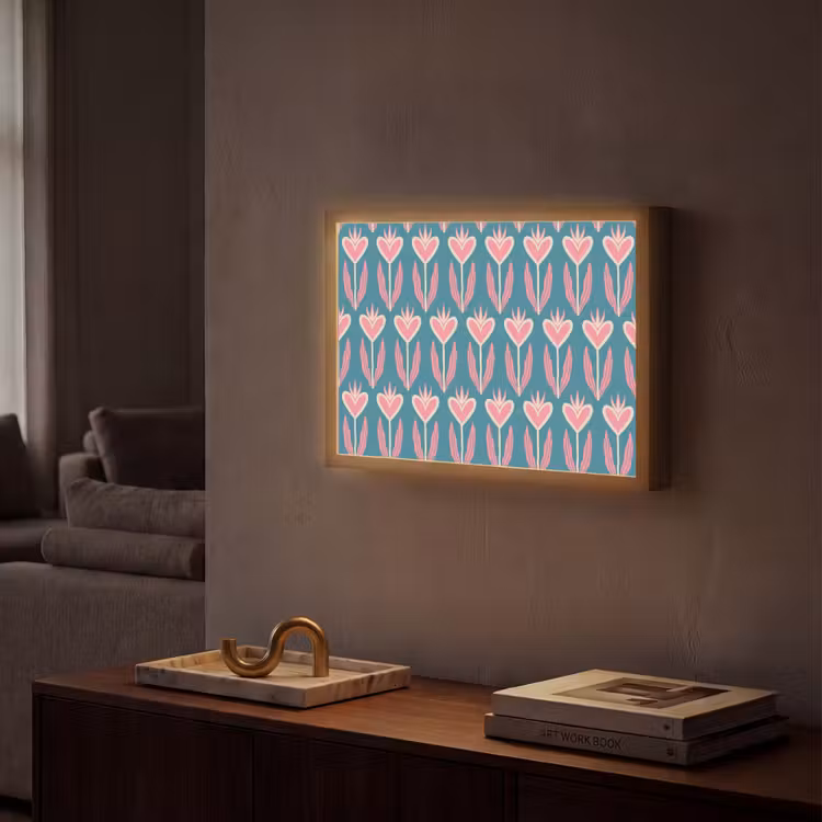 Blauw - Retro - Patroon - Hartjes Light Box met batterij (Wandlamp) middel 907 -sfeer1