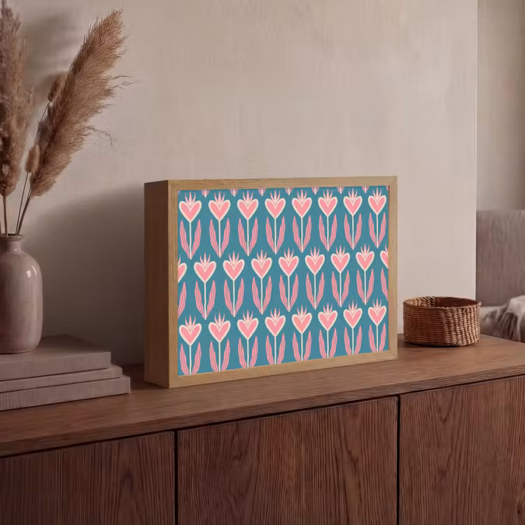 Blauw - Retro - Patroon - Hartjes Light Box met batterij (Wandlamp) middel 907 -sfeer2