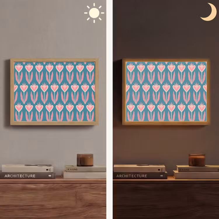 Blauw - Retro - Patroon - Hartjes Light Box met batterij (Wandlamp) middel 907 -sfeer3