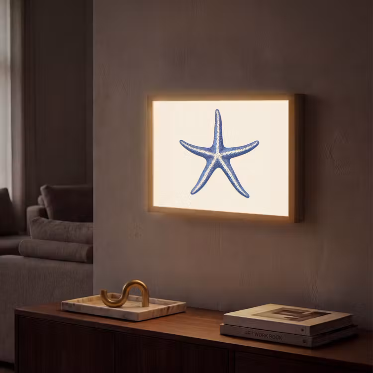 Blauwe zeester - Minimalistisch - Beige Light Box met batterij (Wandlamp) middel -sfeer1