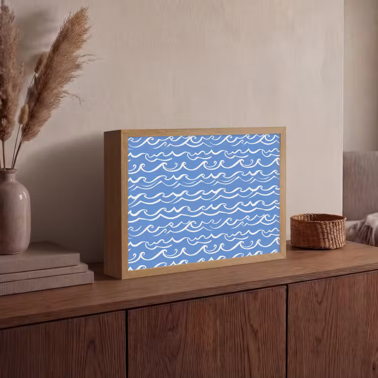 Blauw - Wit - Simpel - Getekend - Golven Light Box met batterij (Wandlamp) middel 907 -sfeer2