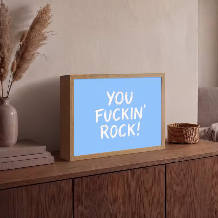 Blauw - Wit - You fuckin rock Light Box met batterij (Wandlamp) middel -sfeer2