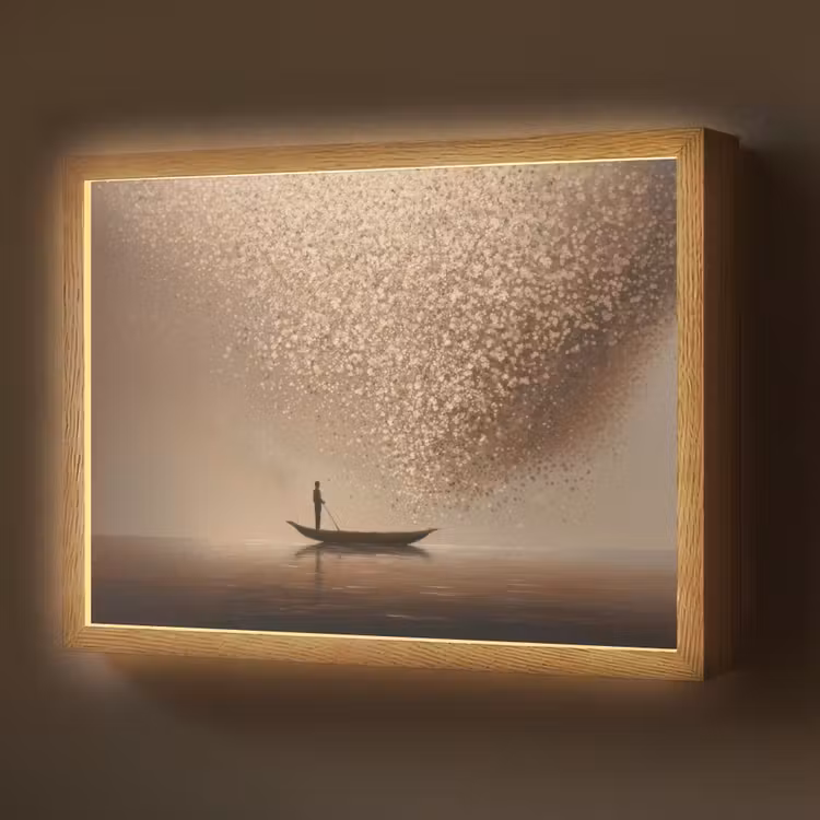 Bootje - Blaadjes - Goud - Water Light Box met batterij (Wandlamp) middel -z3d_website
