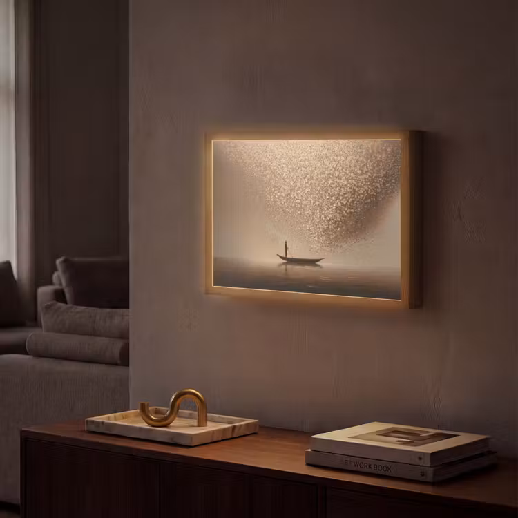 Bootje - Blaadjes - Goud - Water Light Box met batterij (Wandlamp) middel -sfeer1