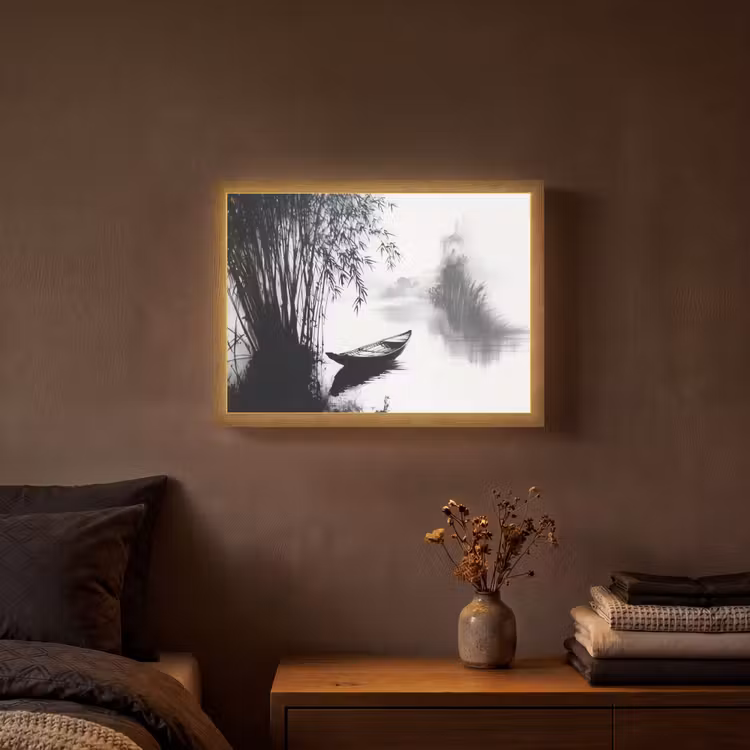 Boot - Rivier - Bamboe - Wit Light Box met batterij (Wandlamp) middel -sfeer4