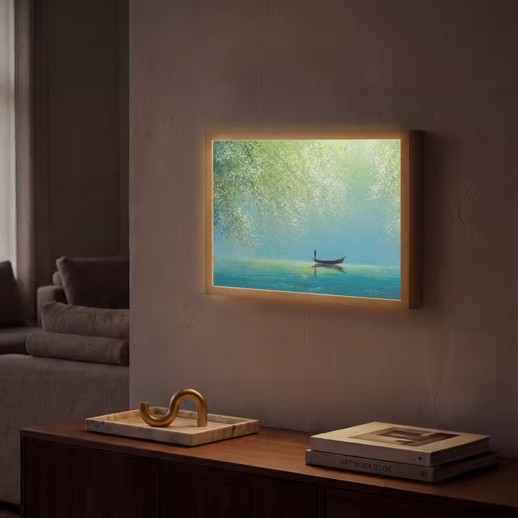 Bootje - Water - Bladeren - Bloesems Light Box met batterij (Wandlamp) middel -sfeer1